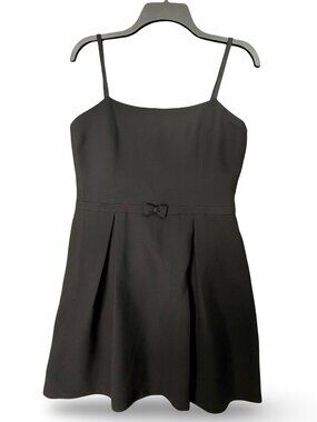 Vtg Bebe Y2K Fit Flare Mini Dress Sz 10 Black Bow Square Neck Pleated Party LBD